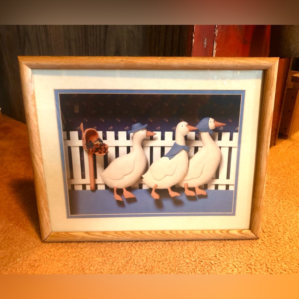 8850B Vintage Framed Print “Country Goose” Blue White Geese By Elizabeth Brownd